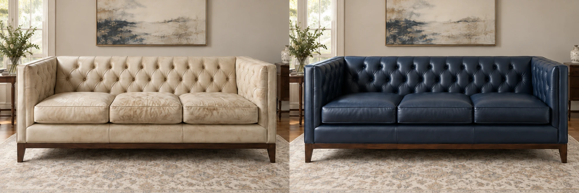 Cream sofa recovered in navy leather