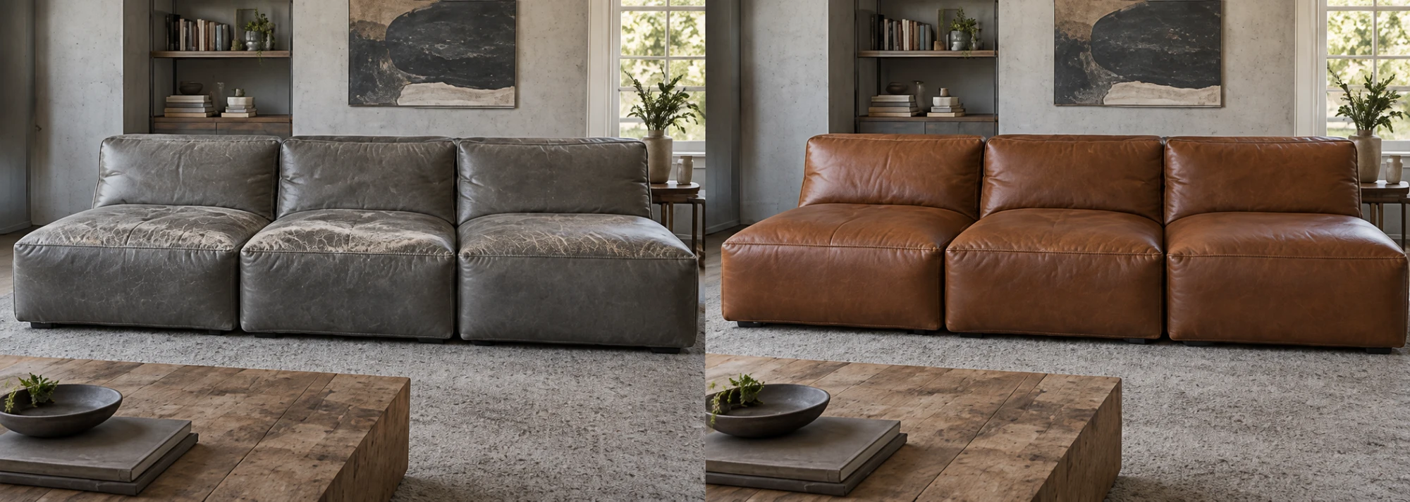 Grey sofa recovered in cognac leather