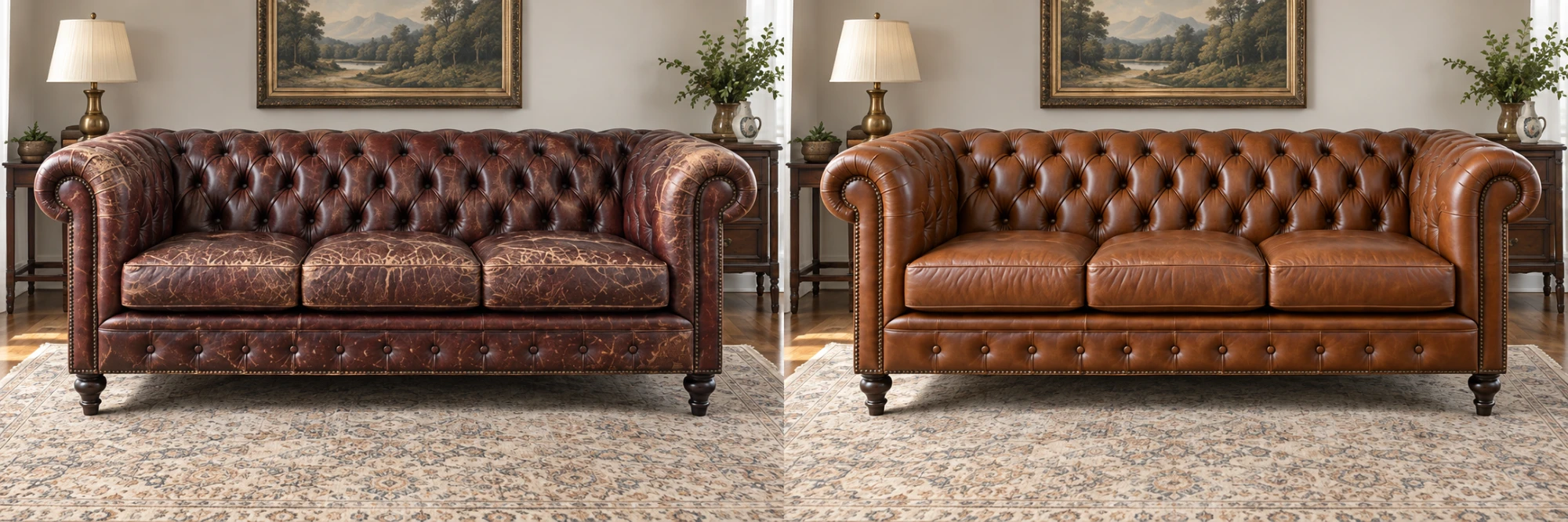 Worn chesterfield recovered in tan leather