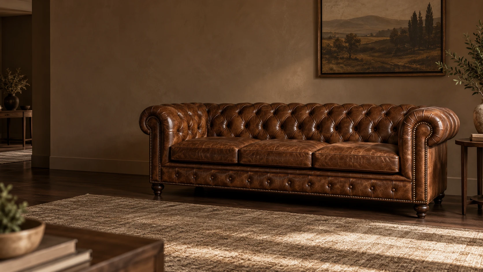 Brown chesterfield in a warm living room