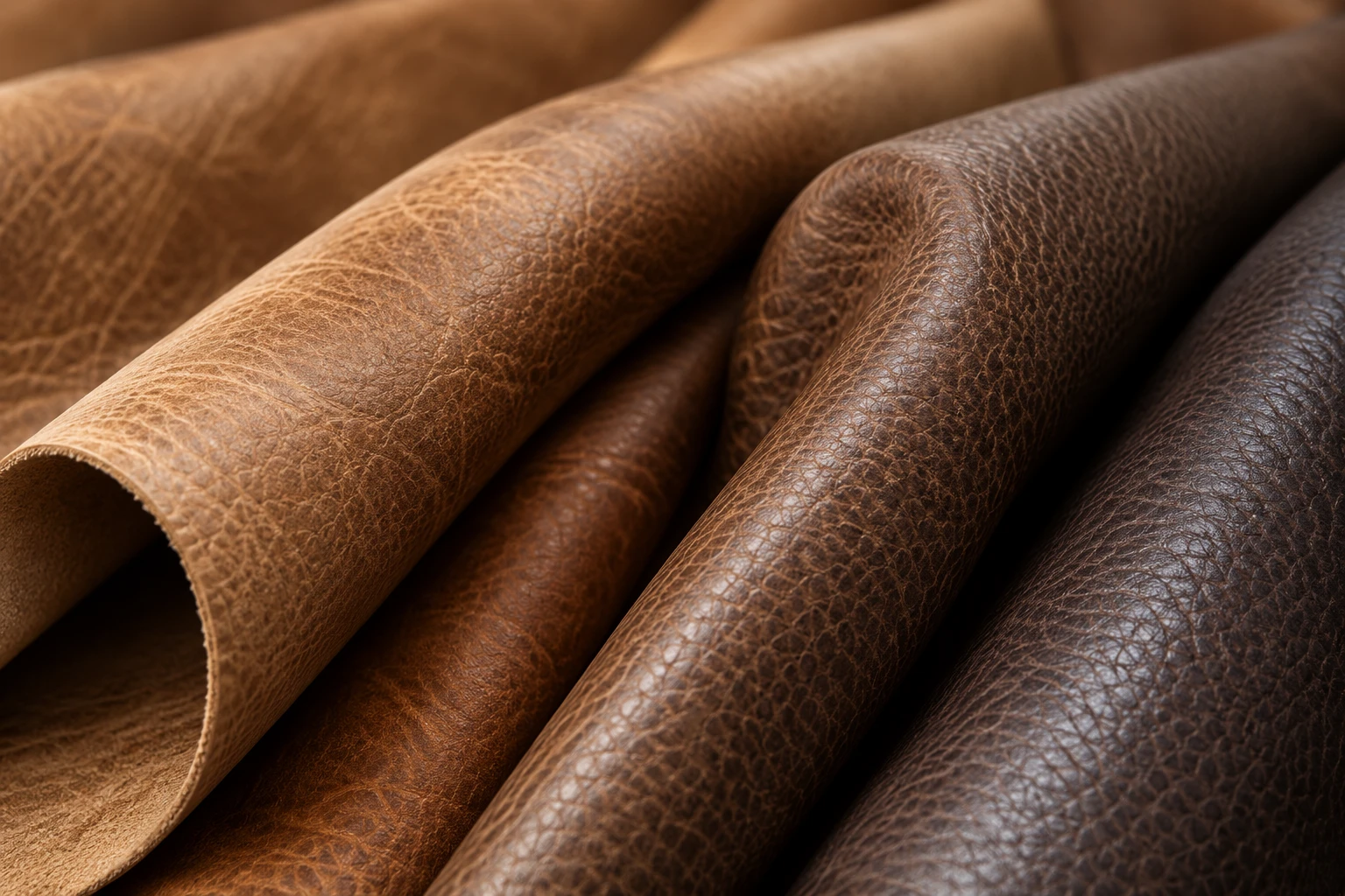 Leather hides rolled side by side, each a different brown, showing different grain and thickness