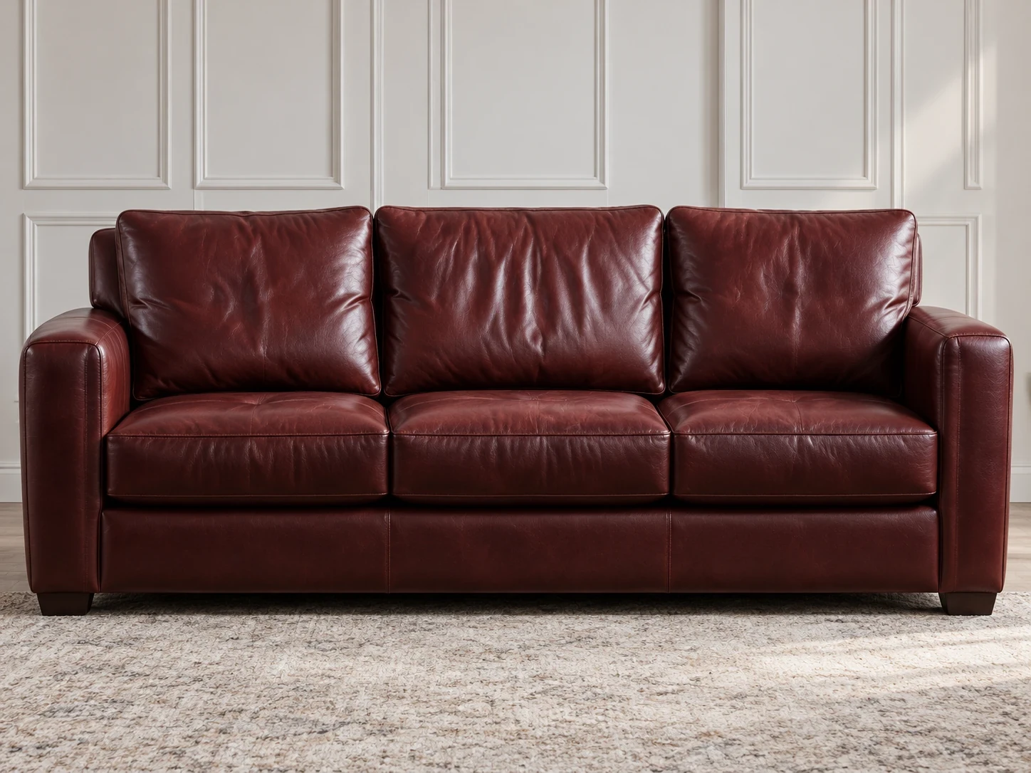 Oxblood leather sofa after reupholstery