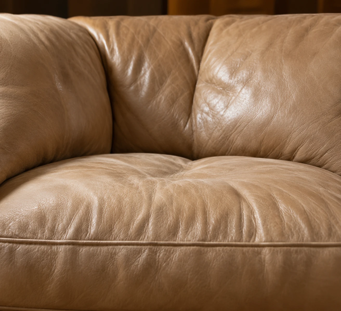 Sagging beige leather seat cushion