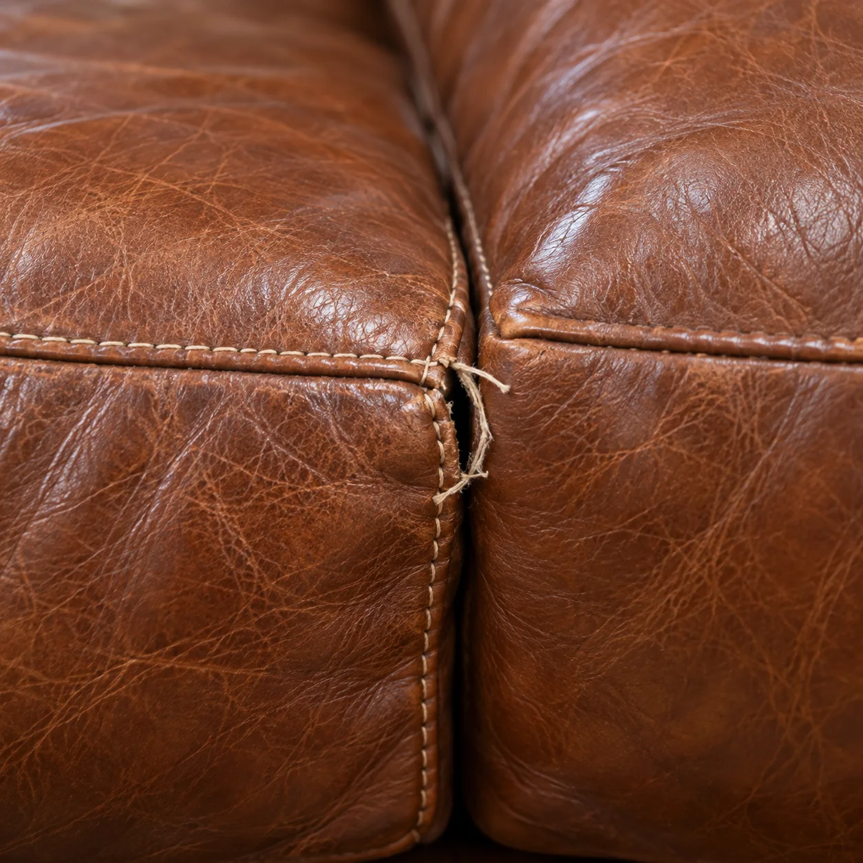 A split seam between leather sofa cushions after a move