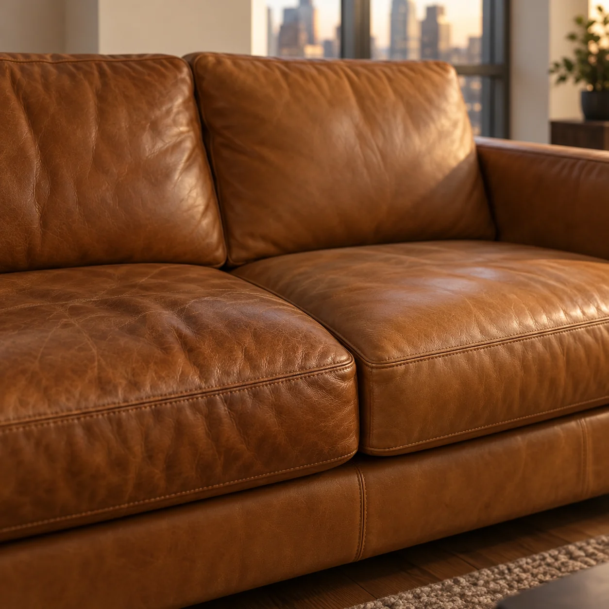 Tan leather sofa seen at a low, seated angle