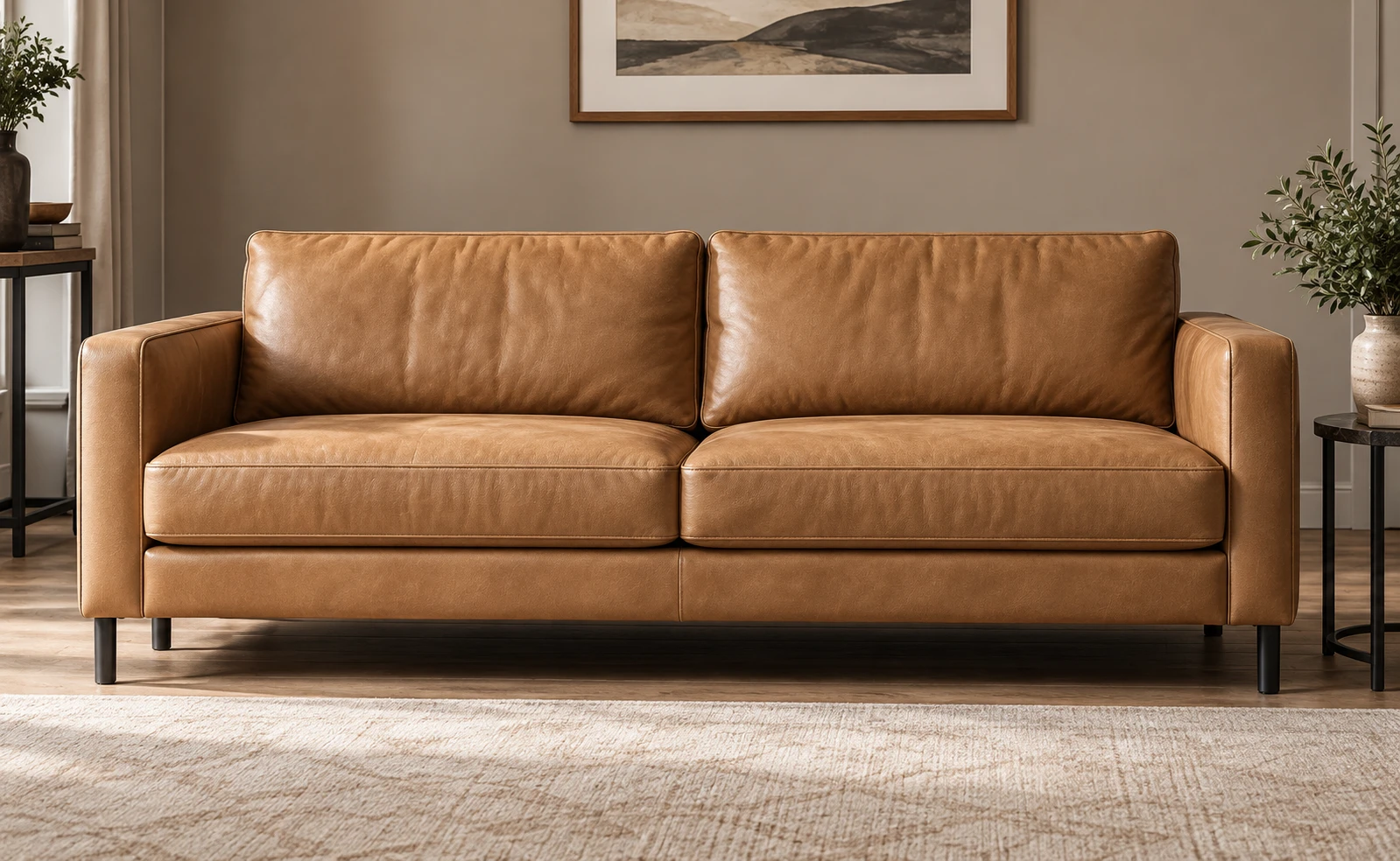 Tan leather sofa photographed square on, the correct wide photo to send for a leather repair estimate