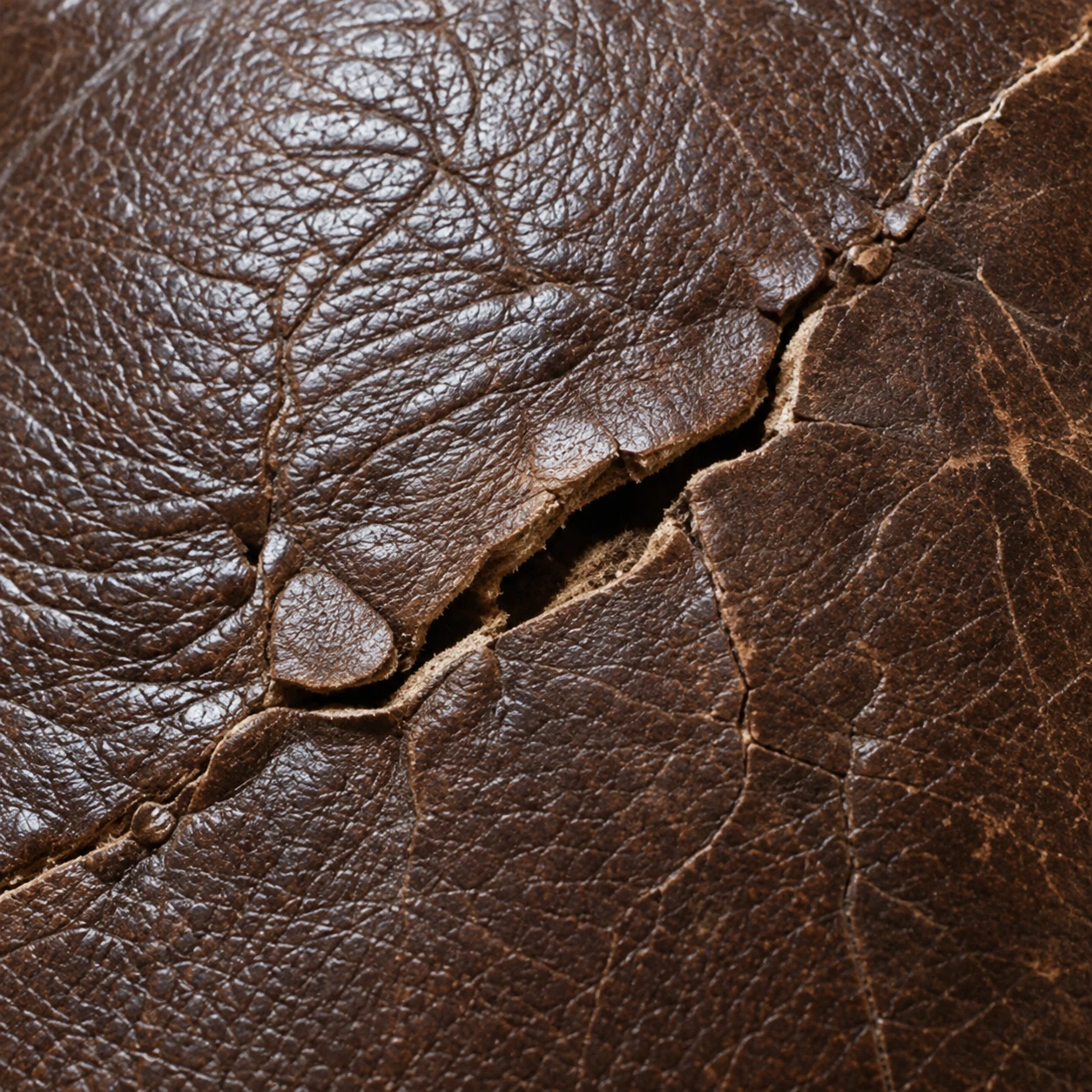 A split in dark brown leather photographed far too close to show which panel it is on