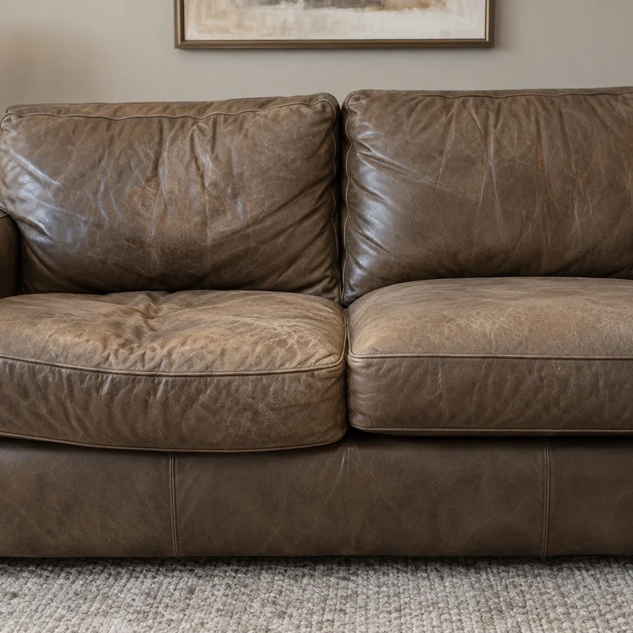 Leather sofa with one cushion sitting lower and out of shape beside the others