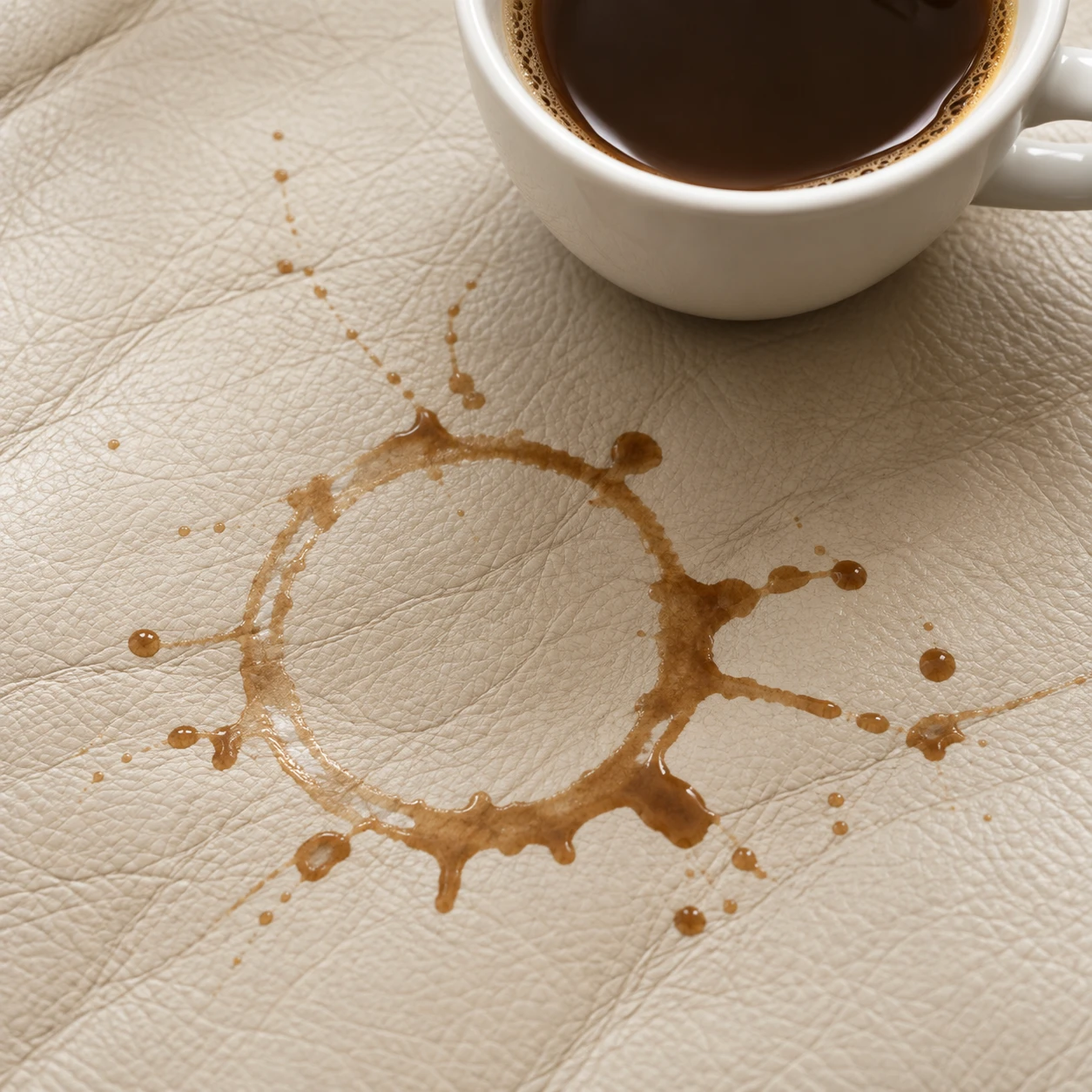 Coffee spill ring on pale leather