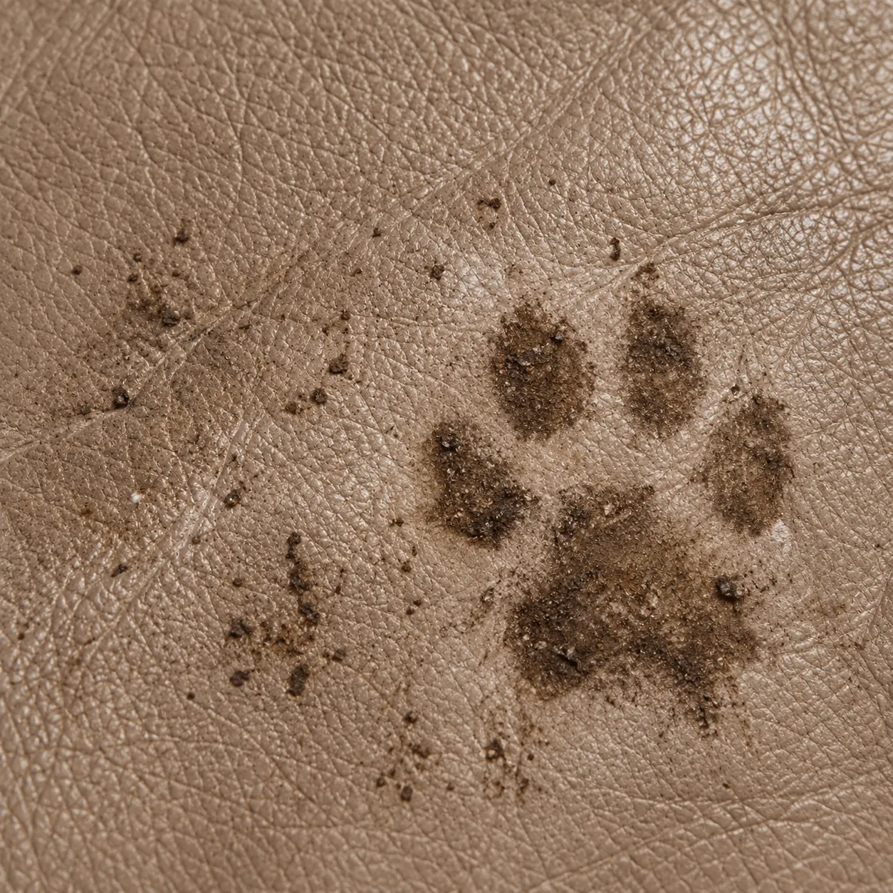 Muddy paw prints on pale leather
