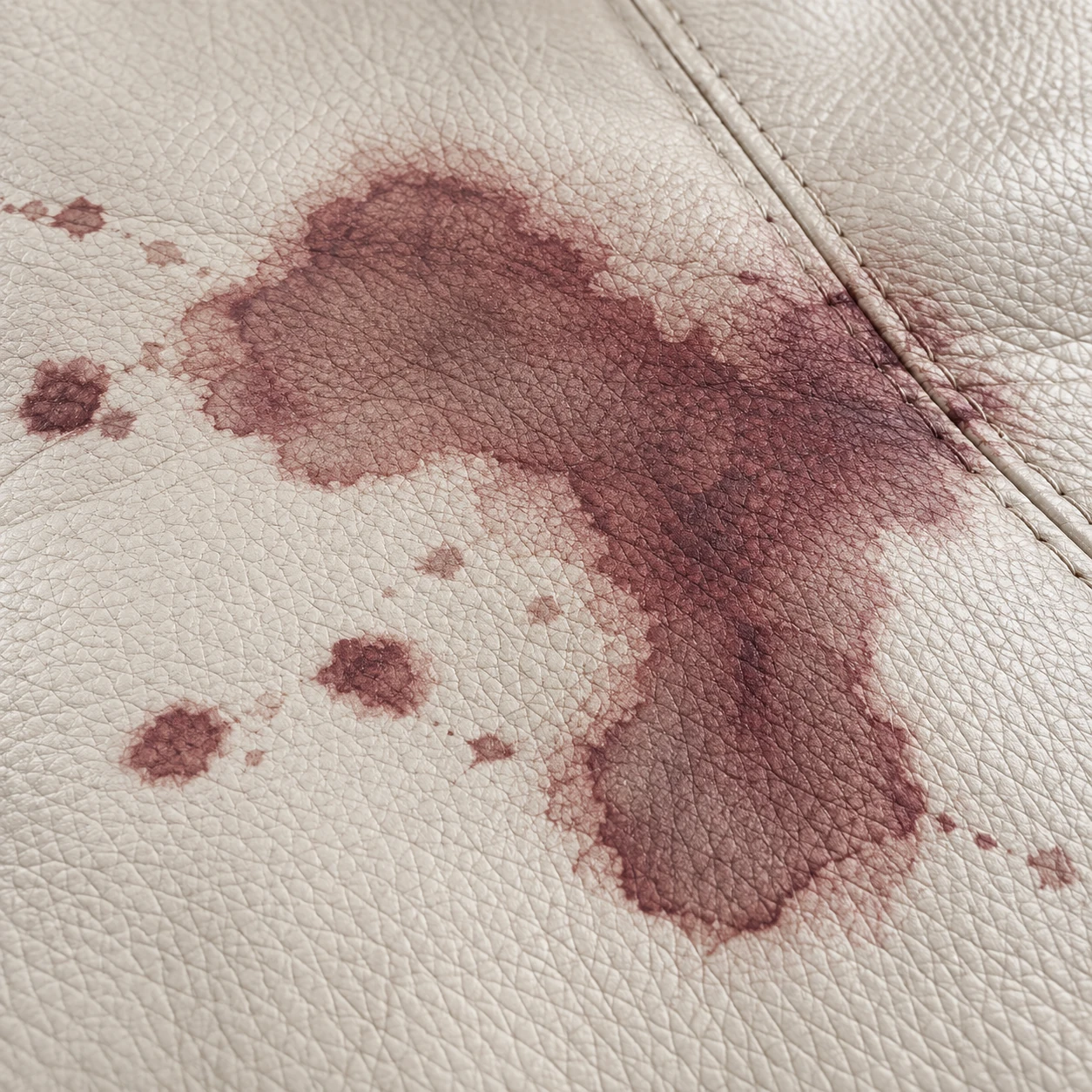 A dark red wine stain soaked into pale leather upholstery