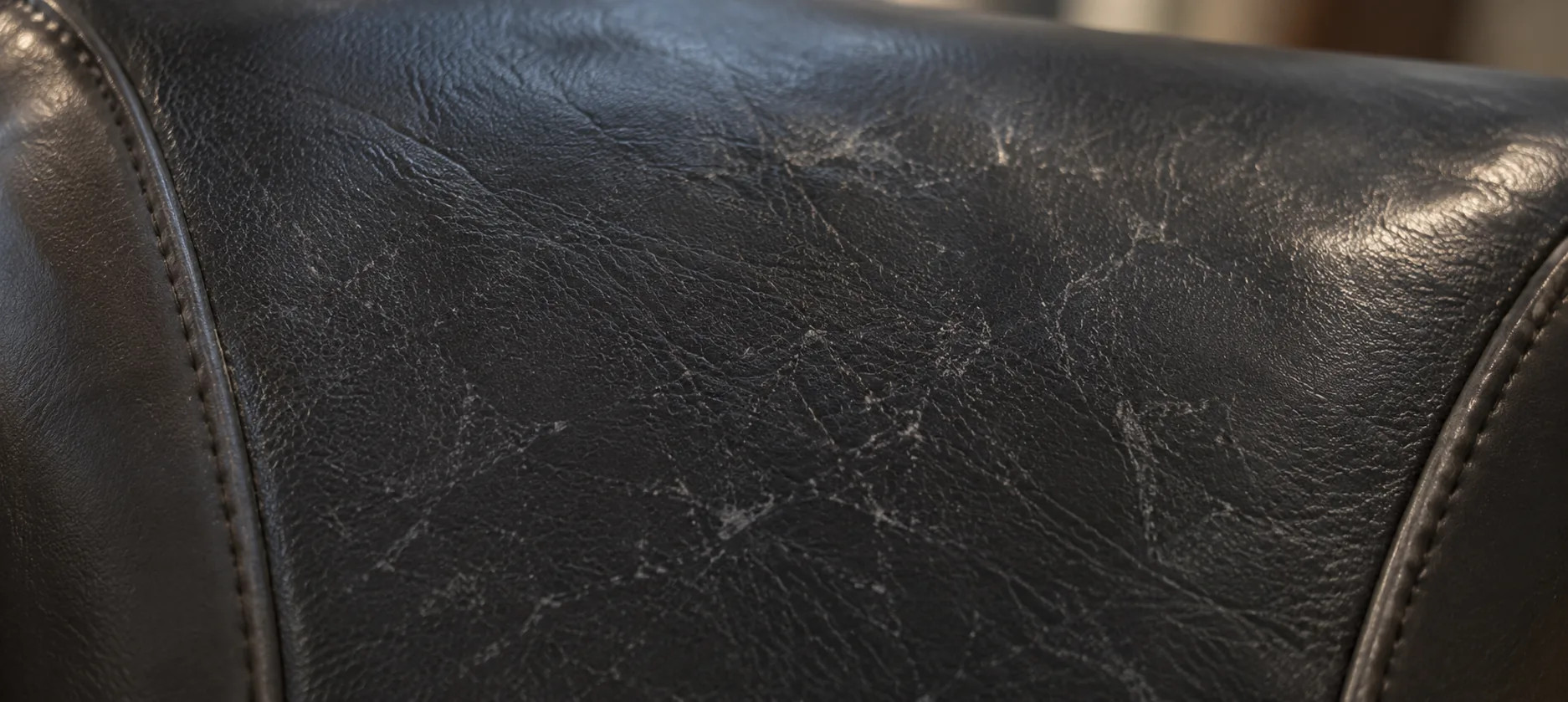 Surface scuffing across a panel of commercial leather upholstery