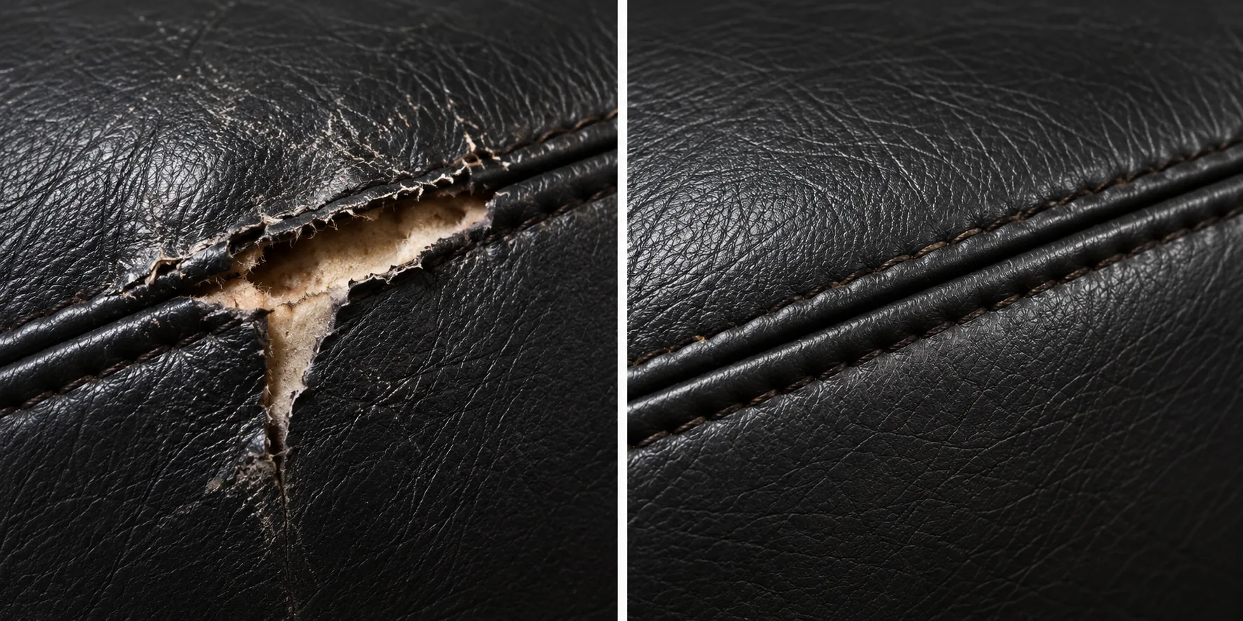 Torn black seam before and after