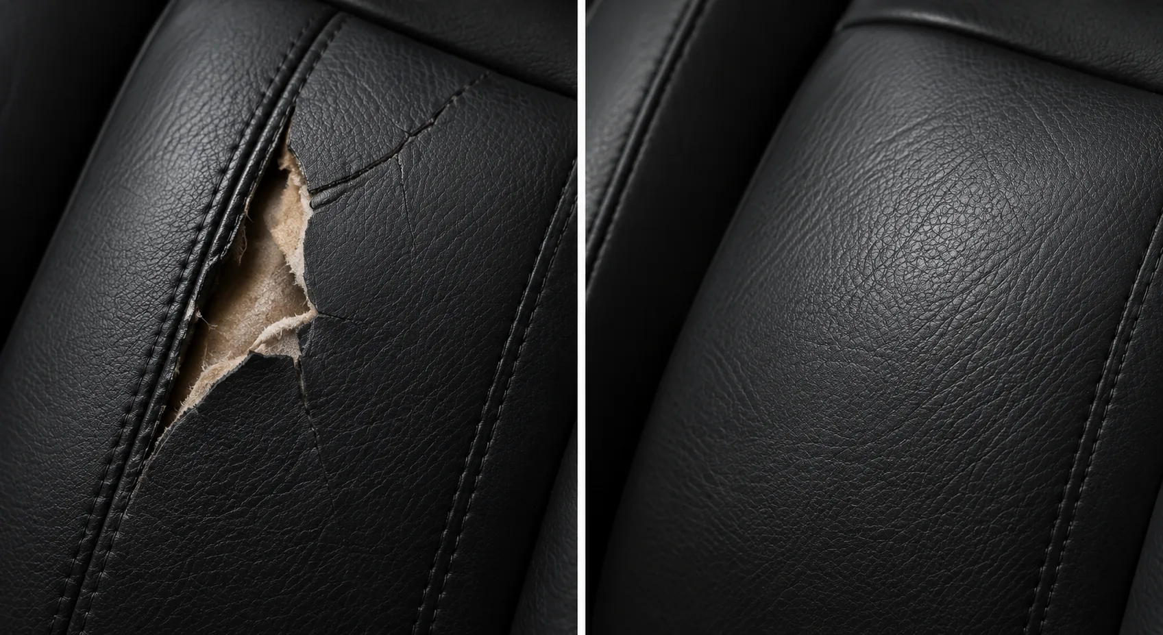 Torn black seat back before and after