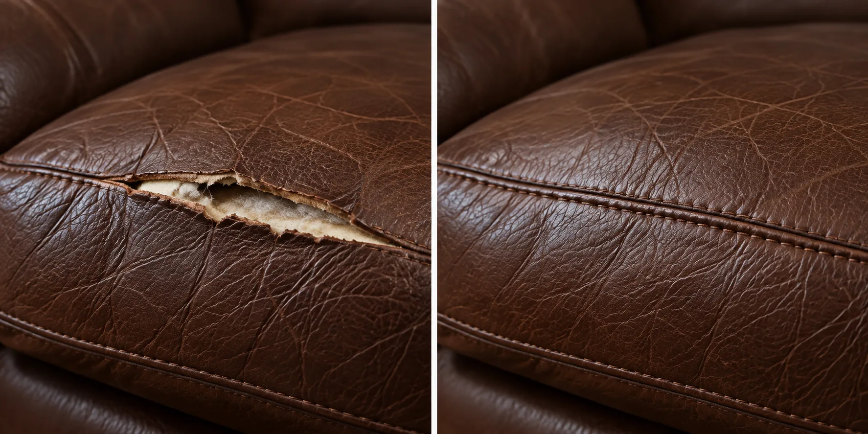 Torn cushion edge before and after