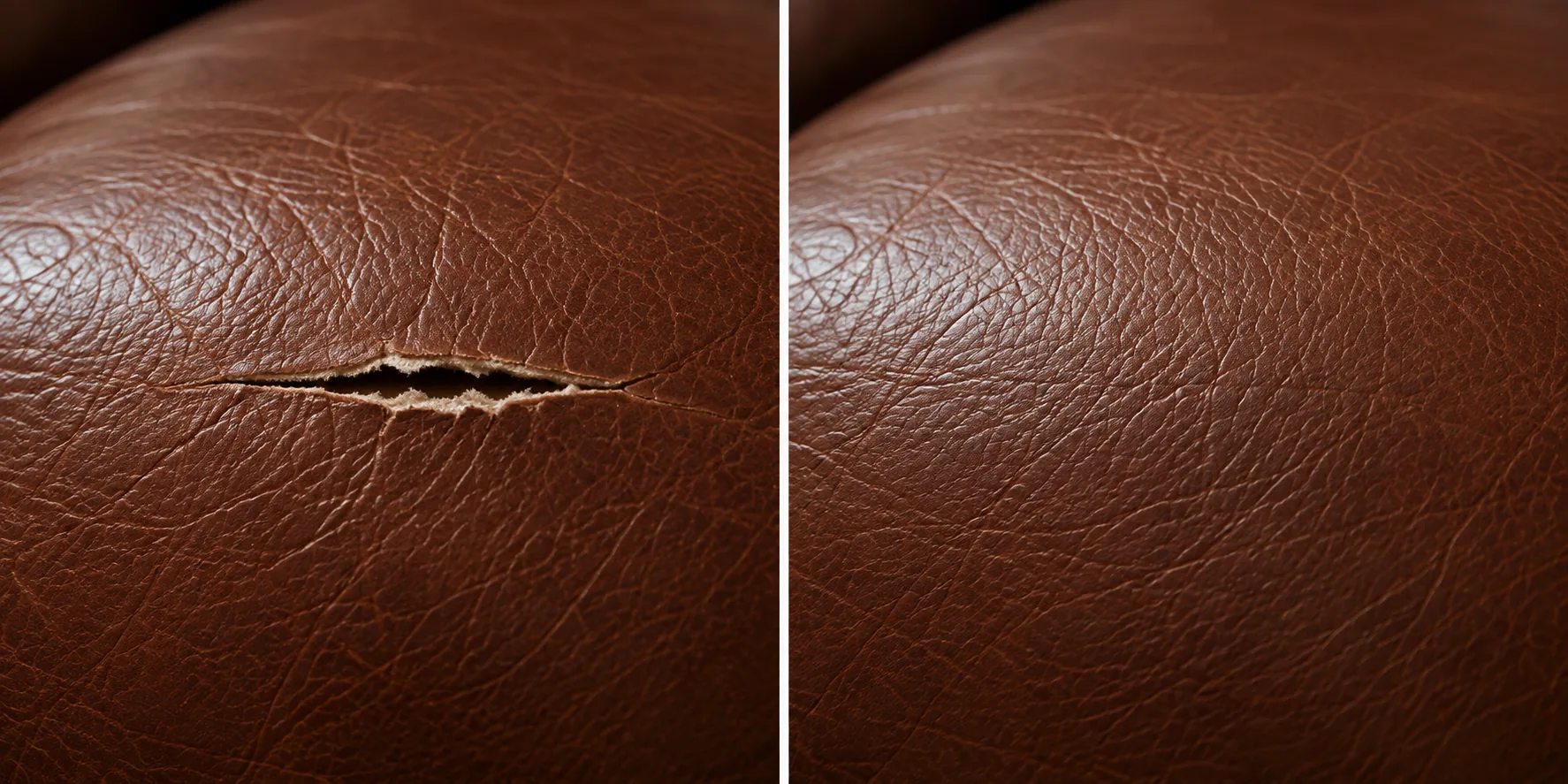 Slit in brown leather before and after