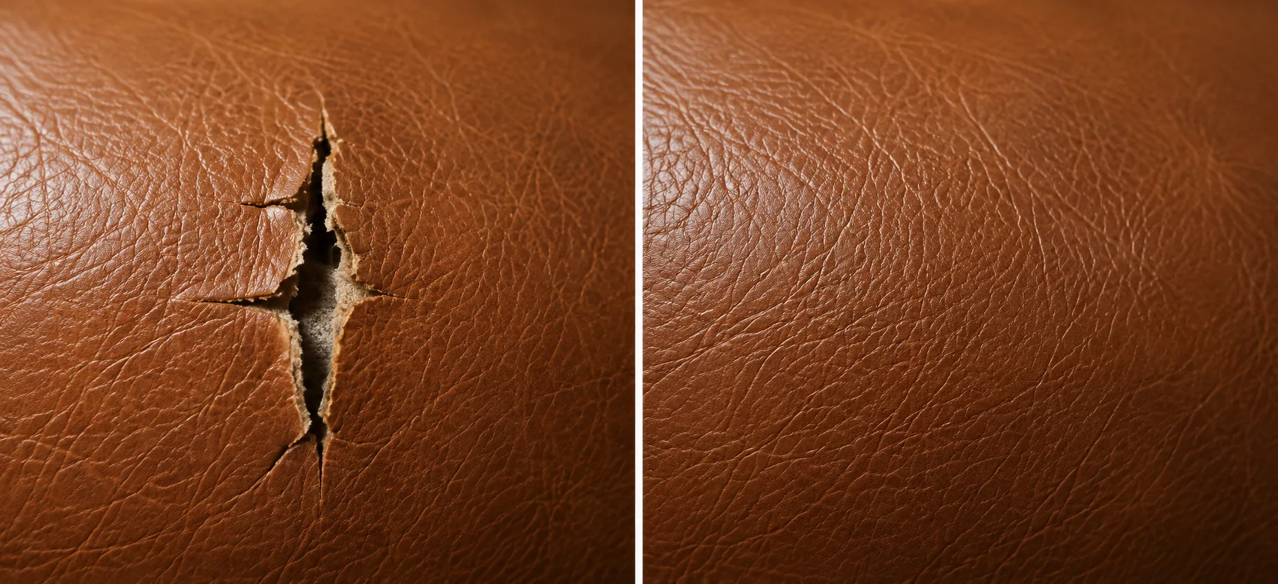 Star tear in cognac leather before and after