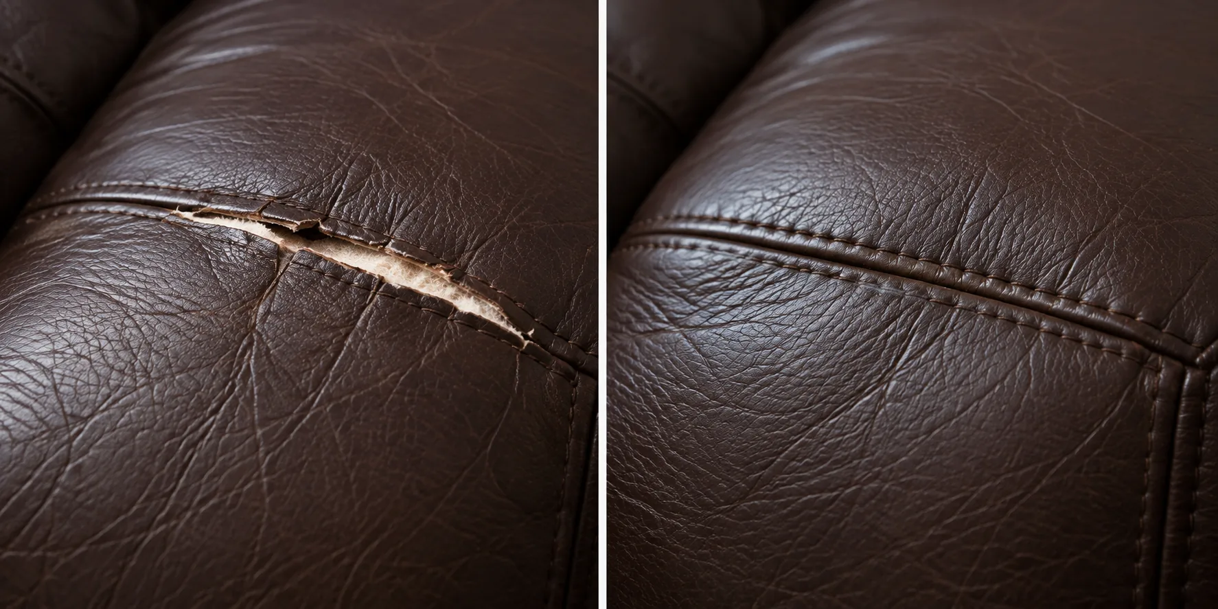 Dark brown leather seat torn along the stitch line, before and after repair