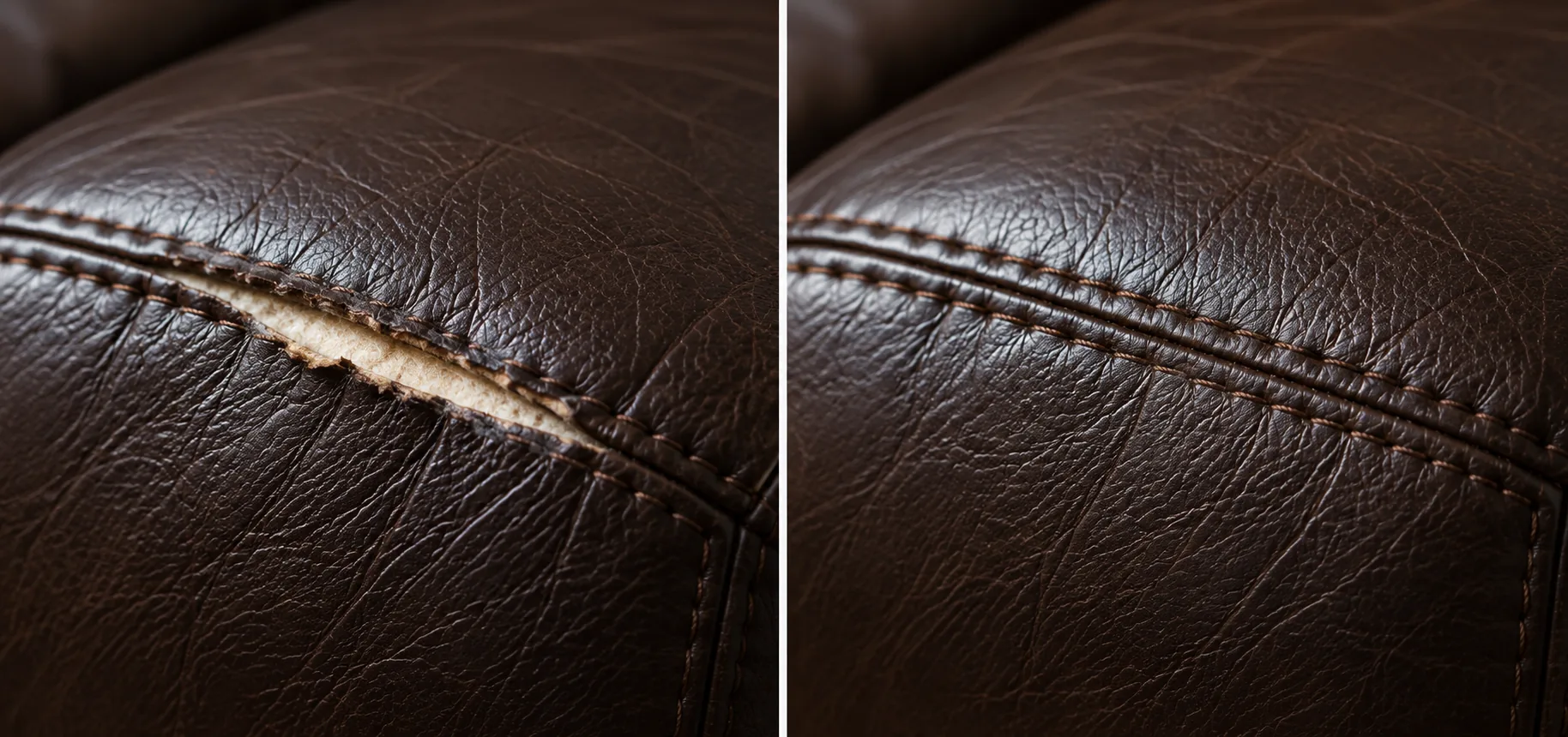 Espresso leather seam split before and after