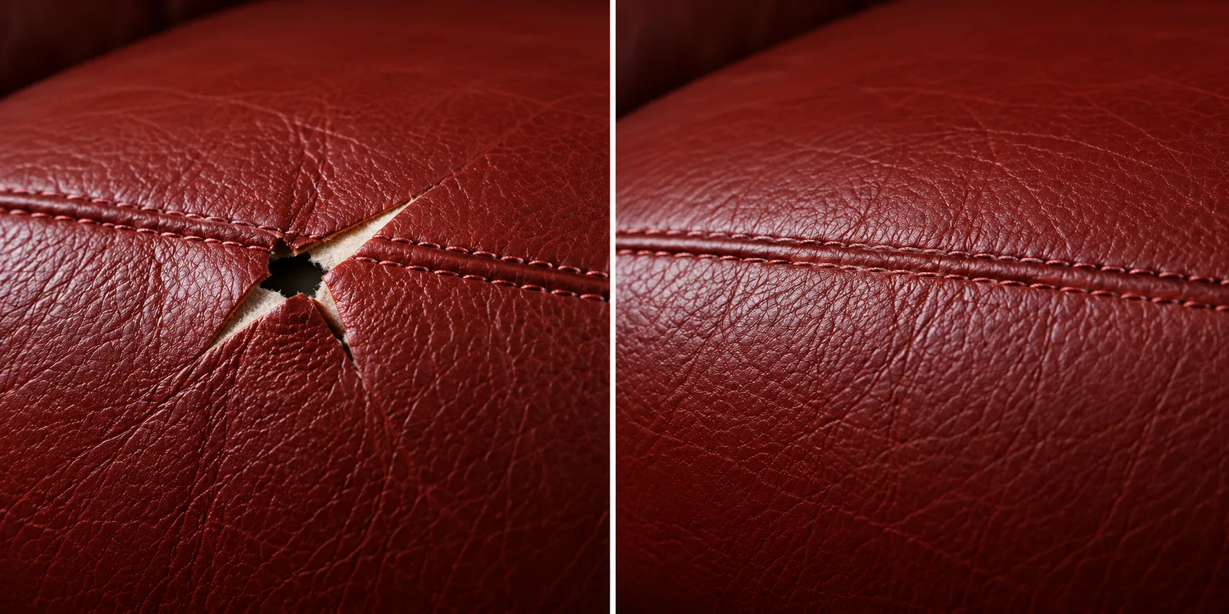Star tear in oxblood leather before and after