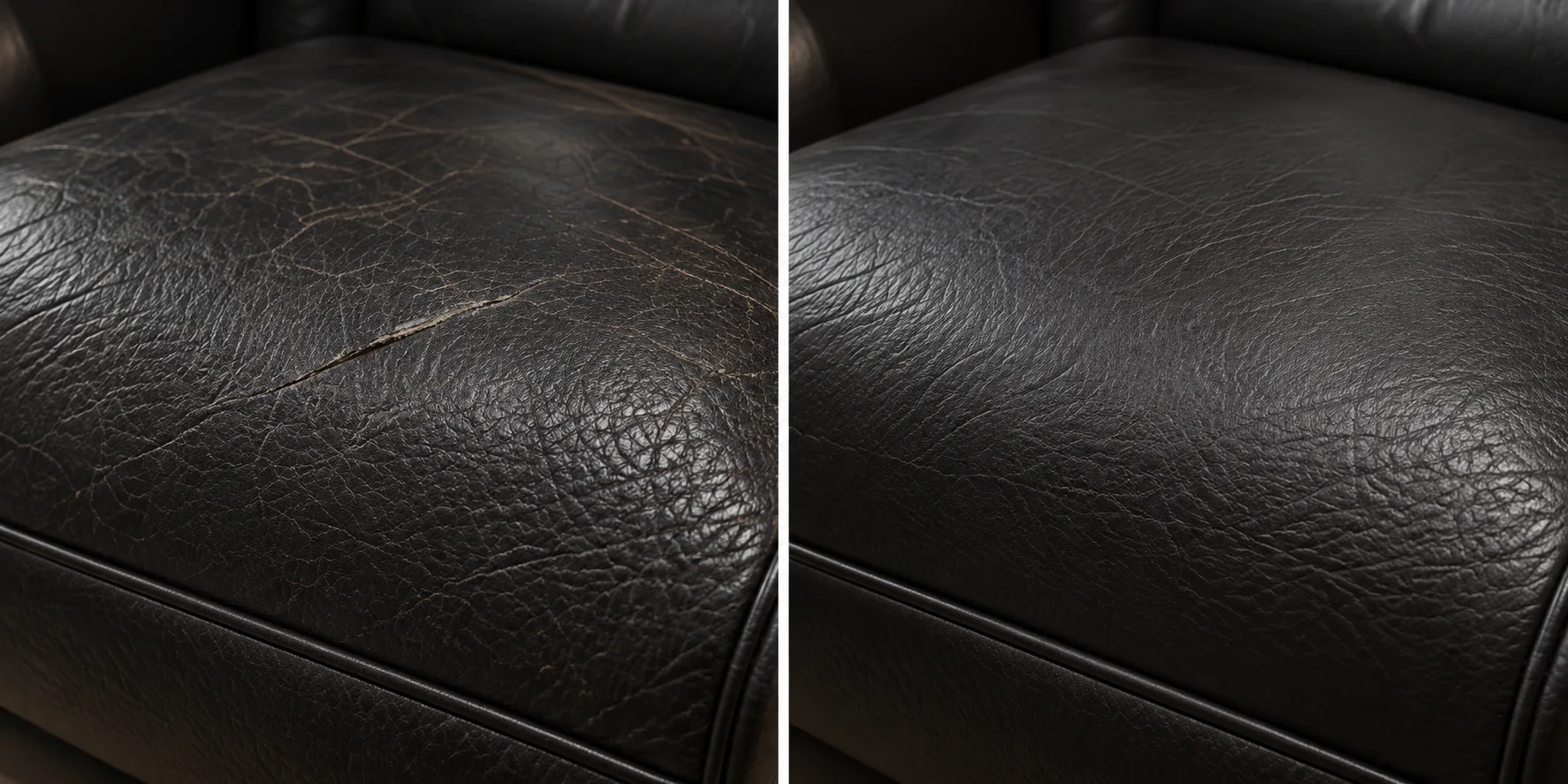 Large opening in a black seat before and after