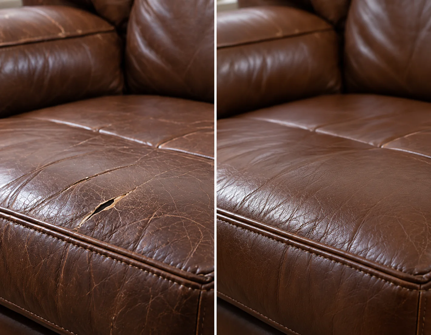 Brown sofa seat tear before and after