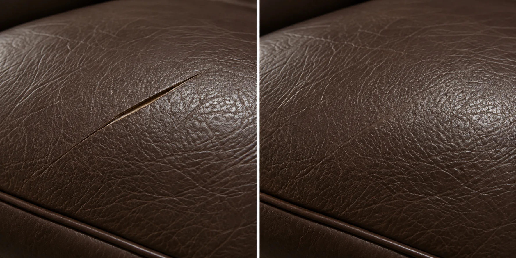 Clean cut in chocolate leather before and after