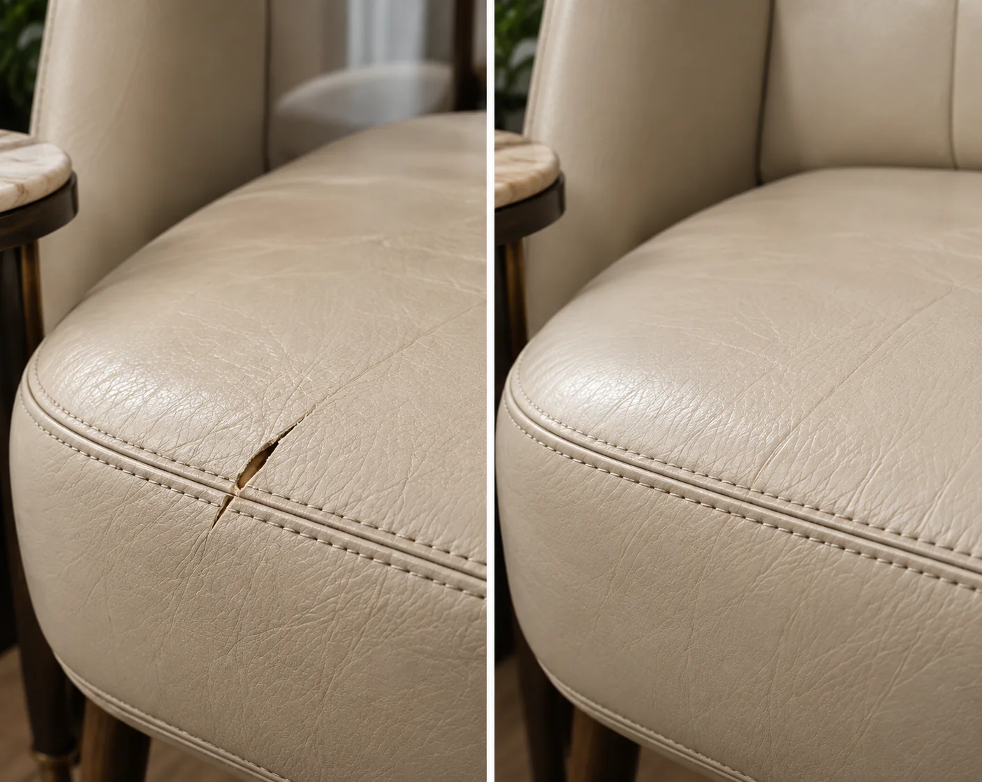 Cut in a cream leather chair before and after