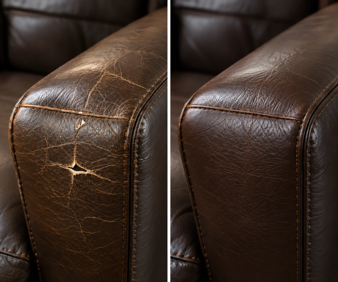 Star tear on a dark brown arm before and after