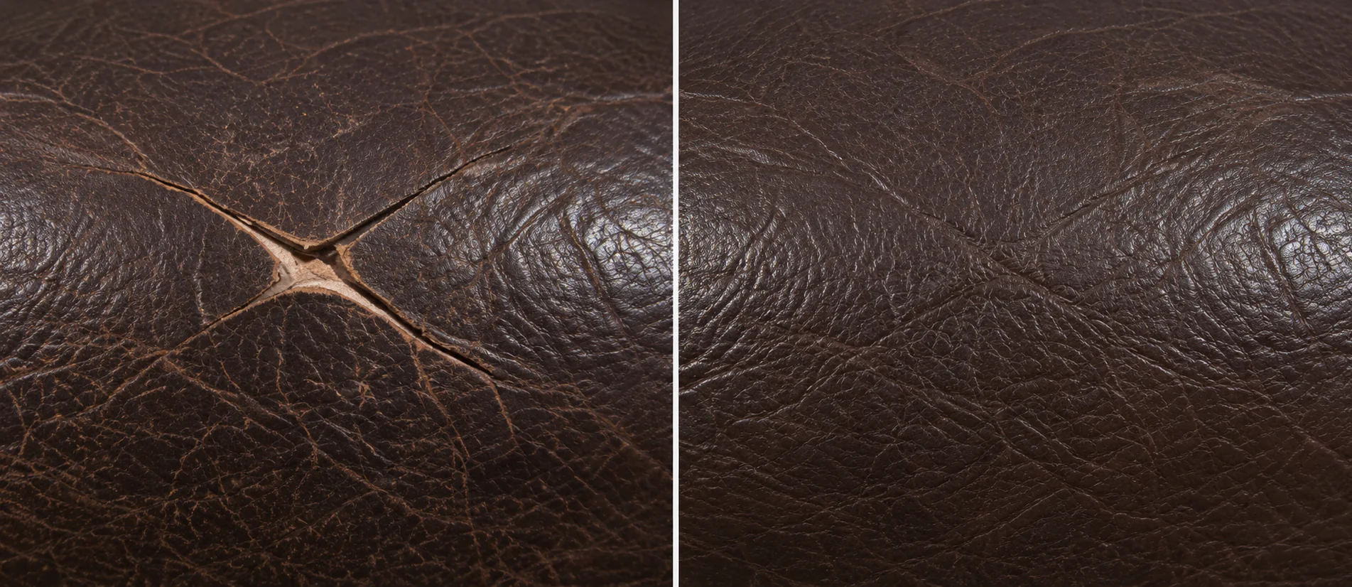 Cross tear in dark brown leather before and after