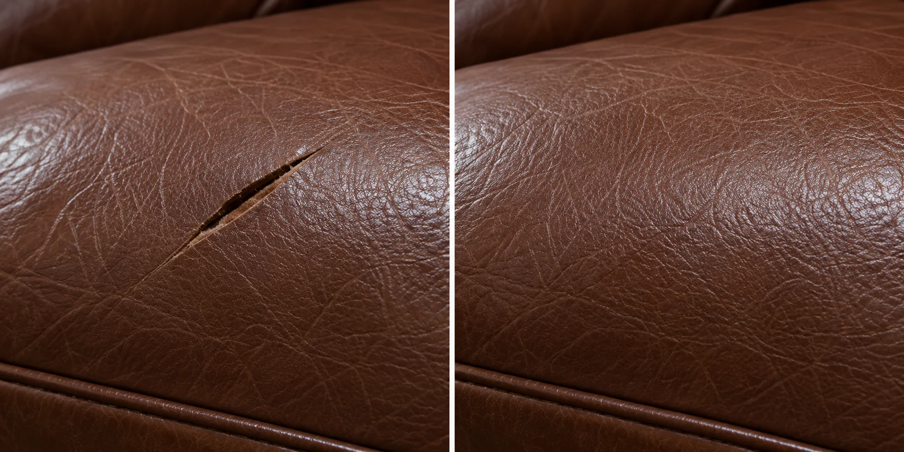 Slit in a brown leather seat before and after