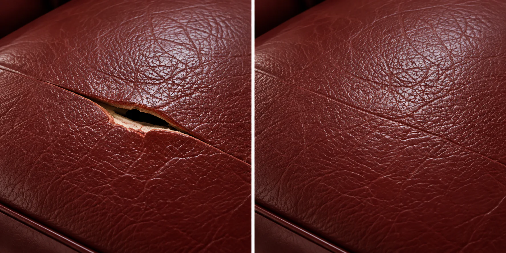 Oxblood leather split before and after