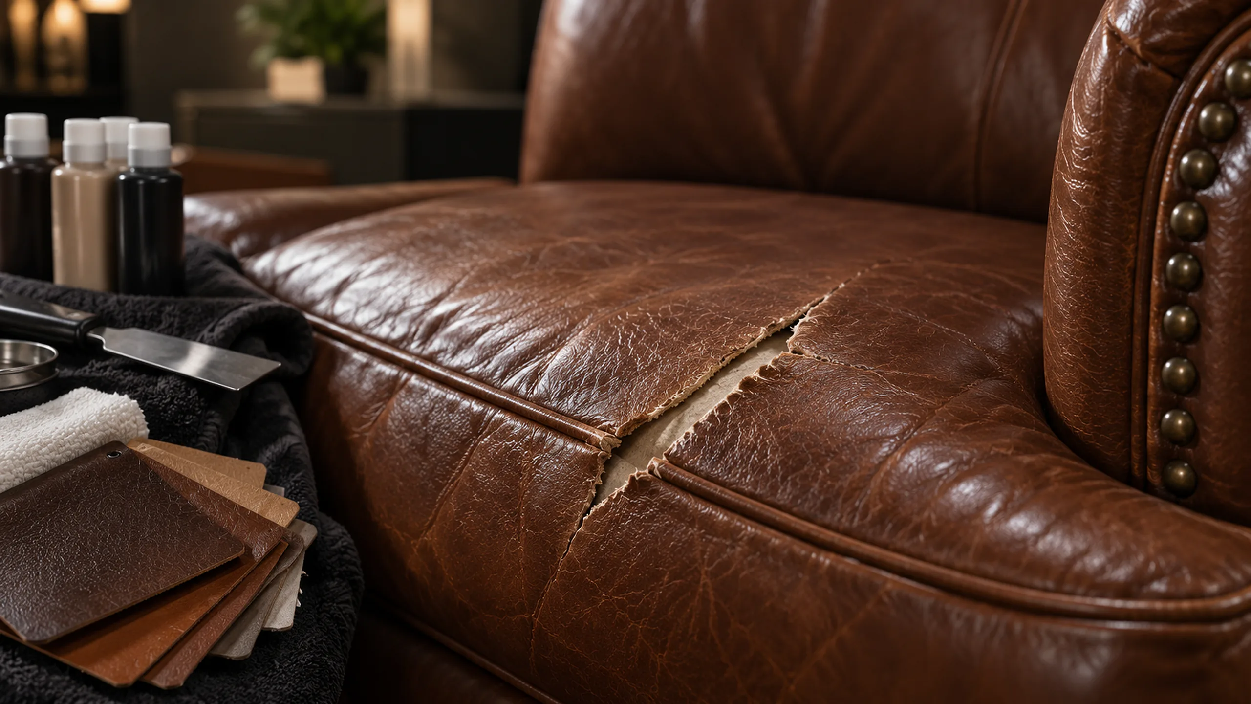 Brown leather sofa seat with an opening beside the seam