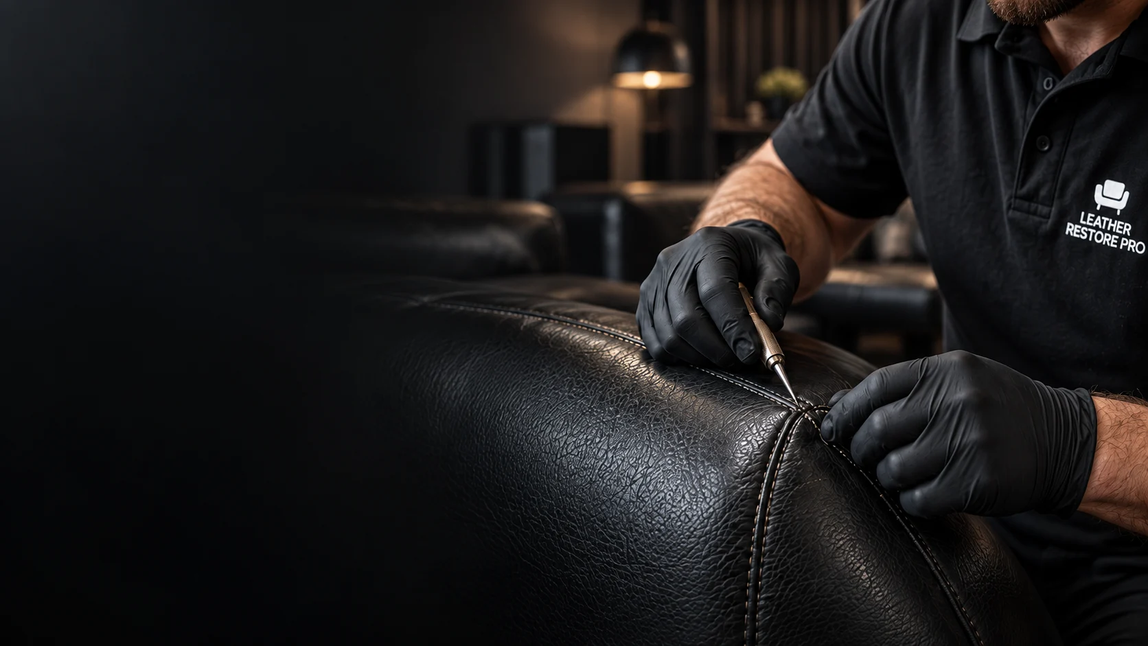 Hand-stitching a black leather sofa seam in place
