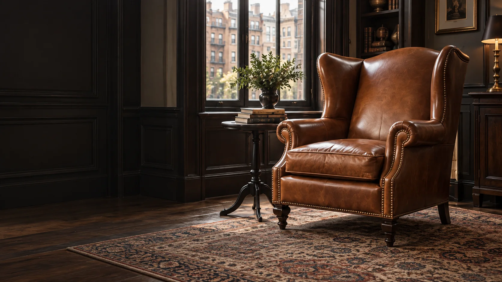Leather wingback chair in a paneled room