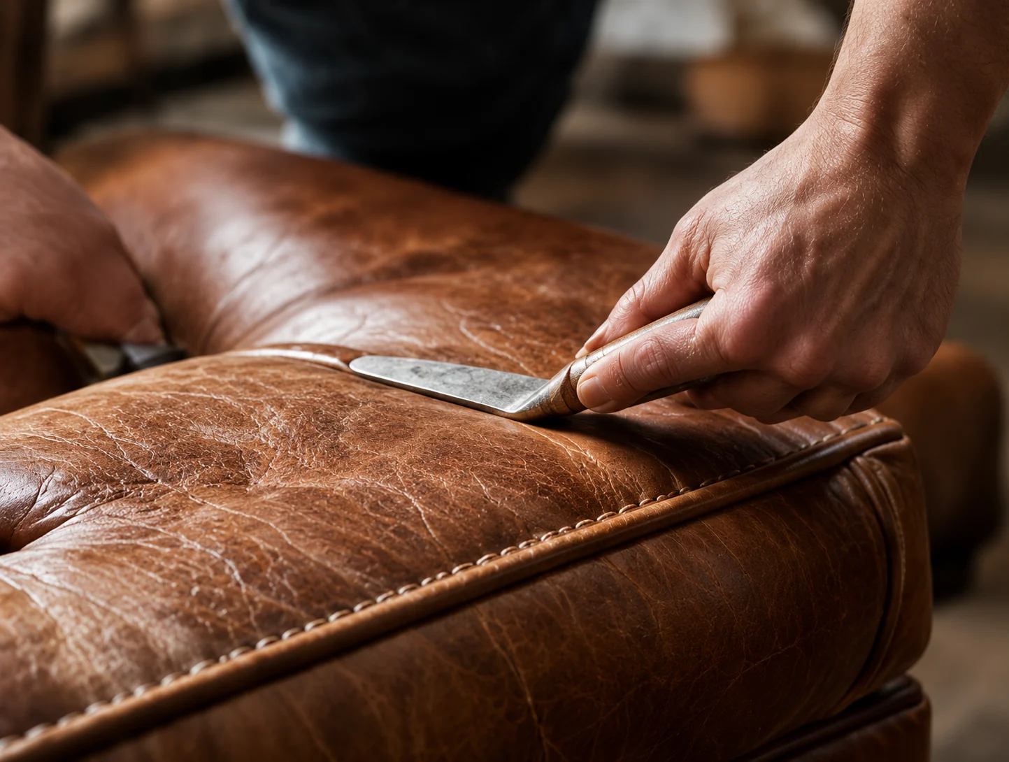 Filler being levelled on a worn leather edge