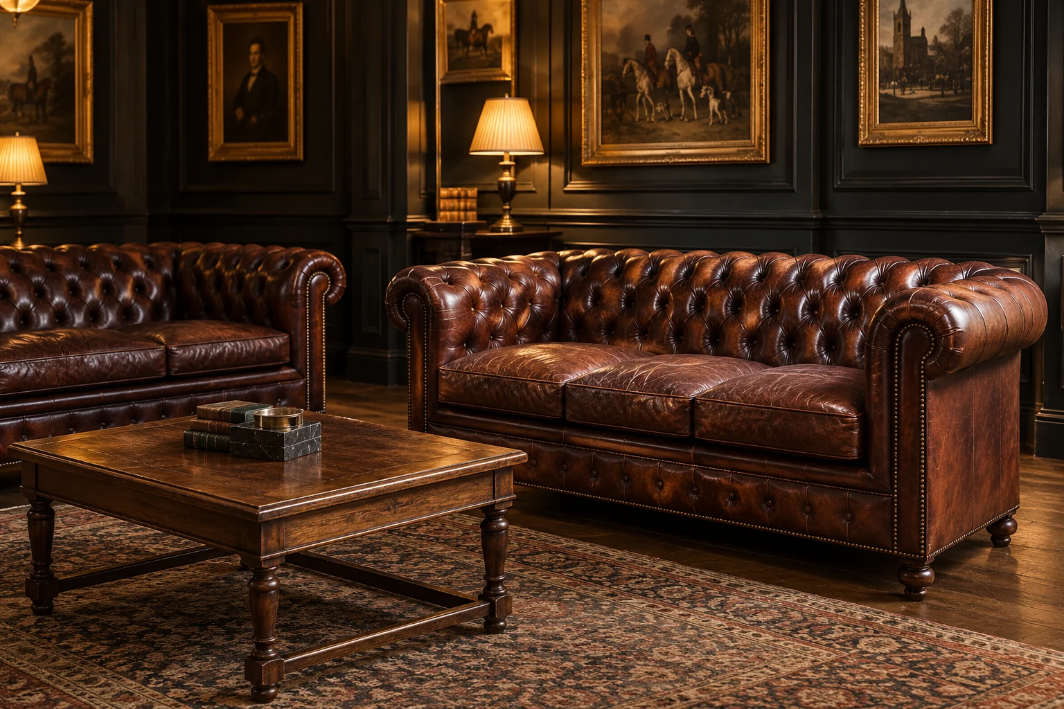 Two tufted leather chesterfields in a paneled room