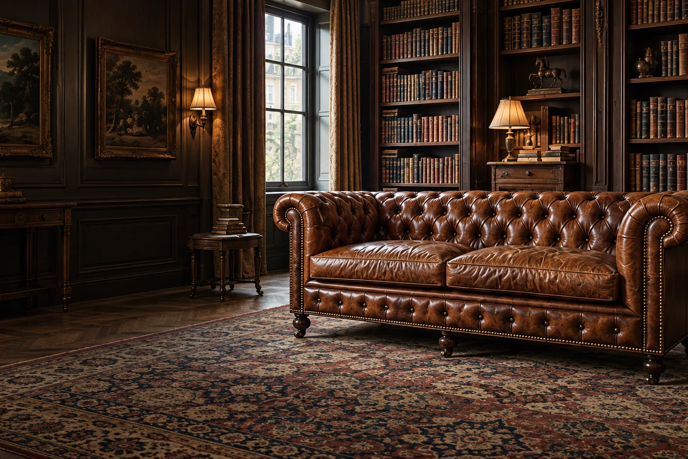Antique leather sofa beside a tall window in a book-lined room