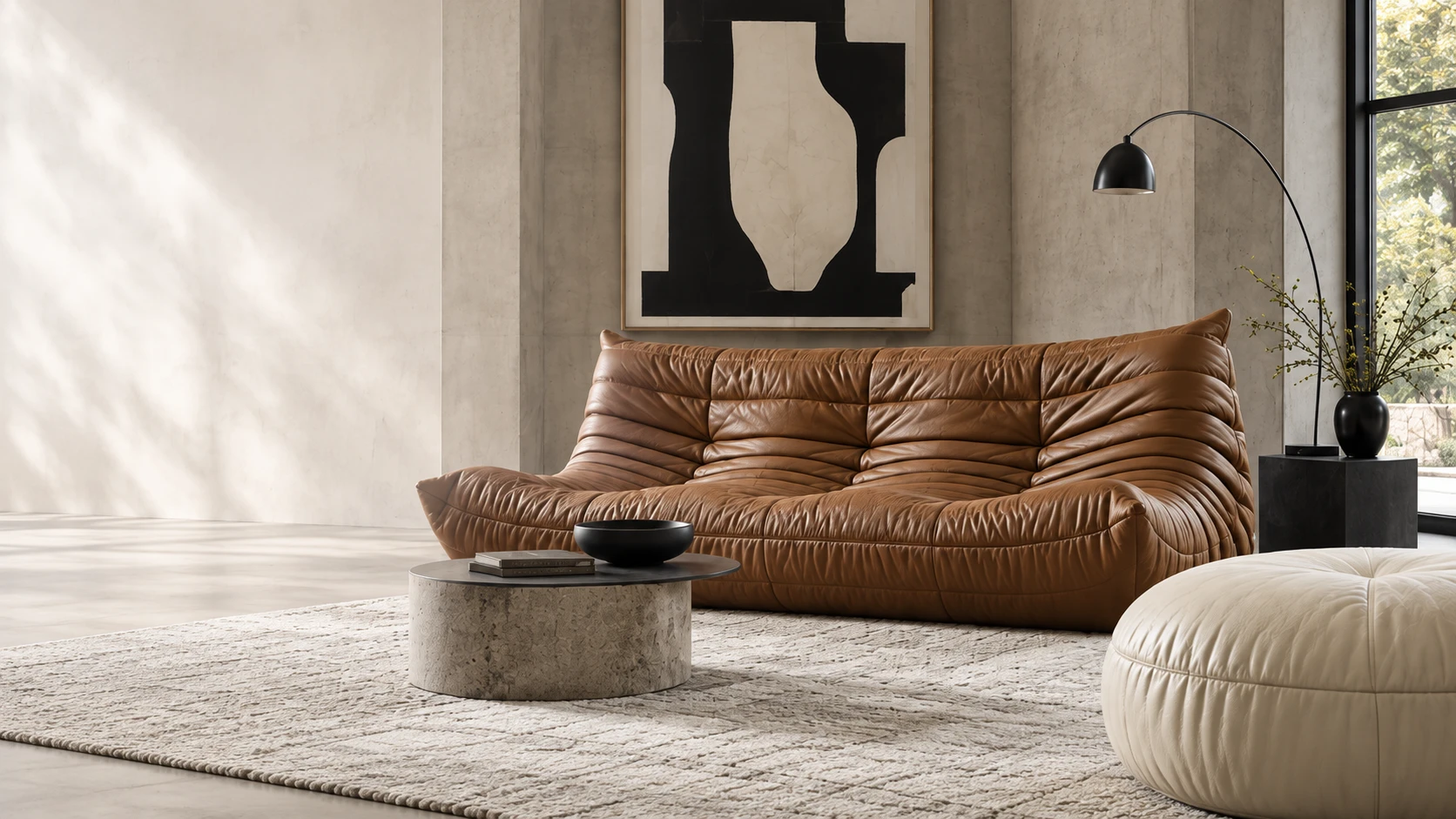 Low leather sofa in a bright living room