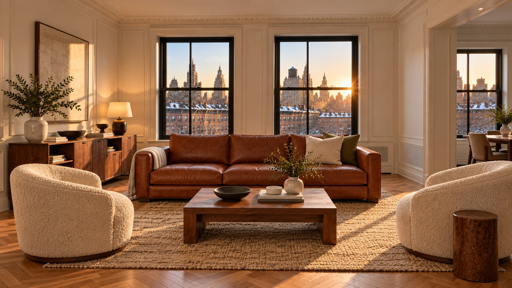 A model apartment living room framed the way a listing photo is shot