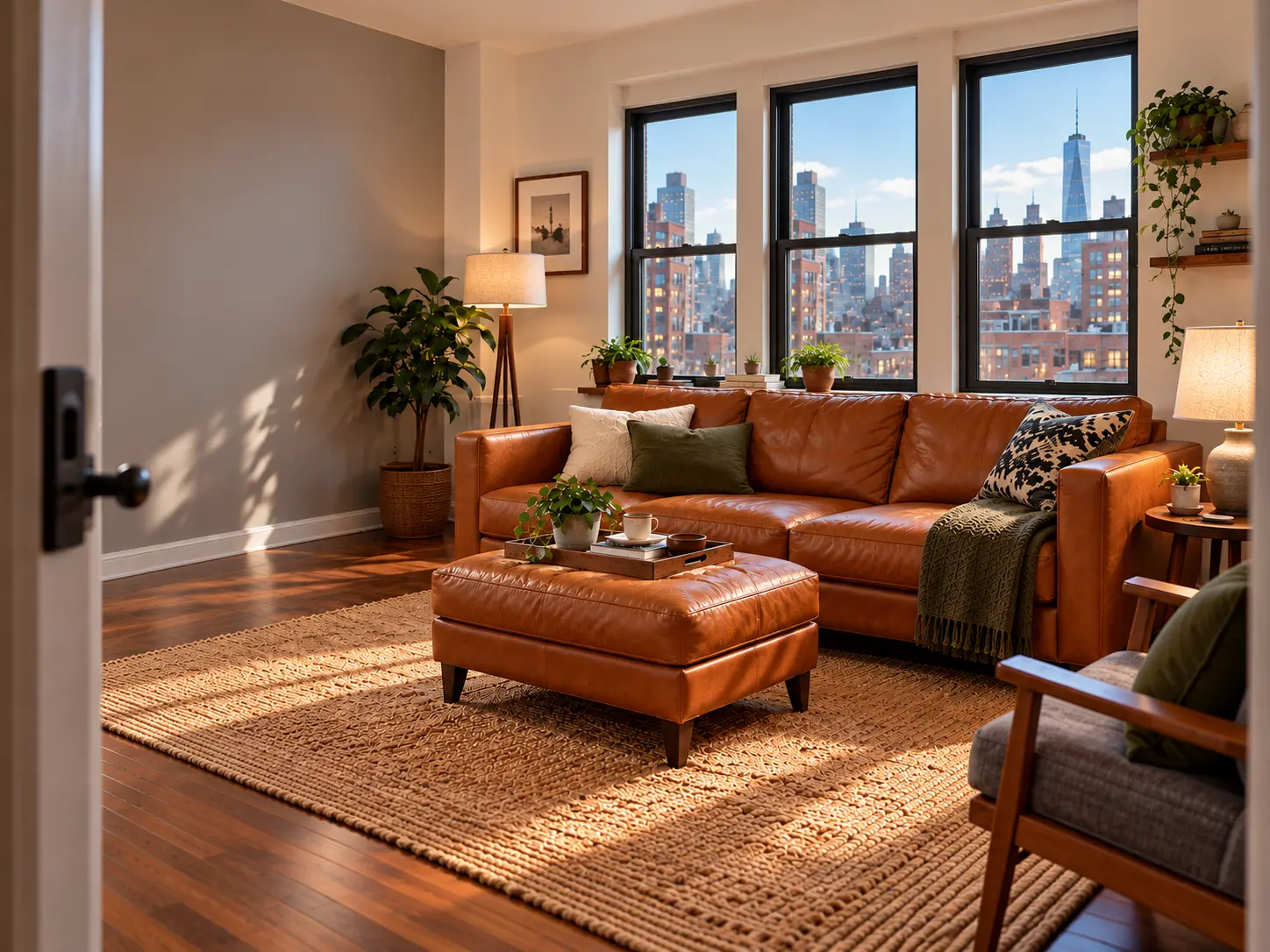 A wide listing-style photo of a rental living room