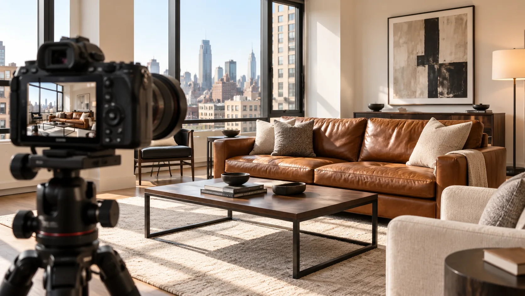 A camera on a tripod photographing a staged living room with a leather sofa
