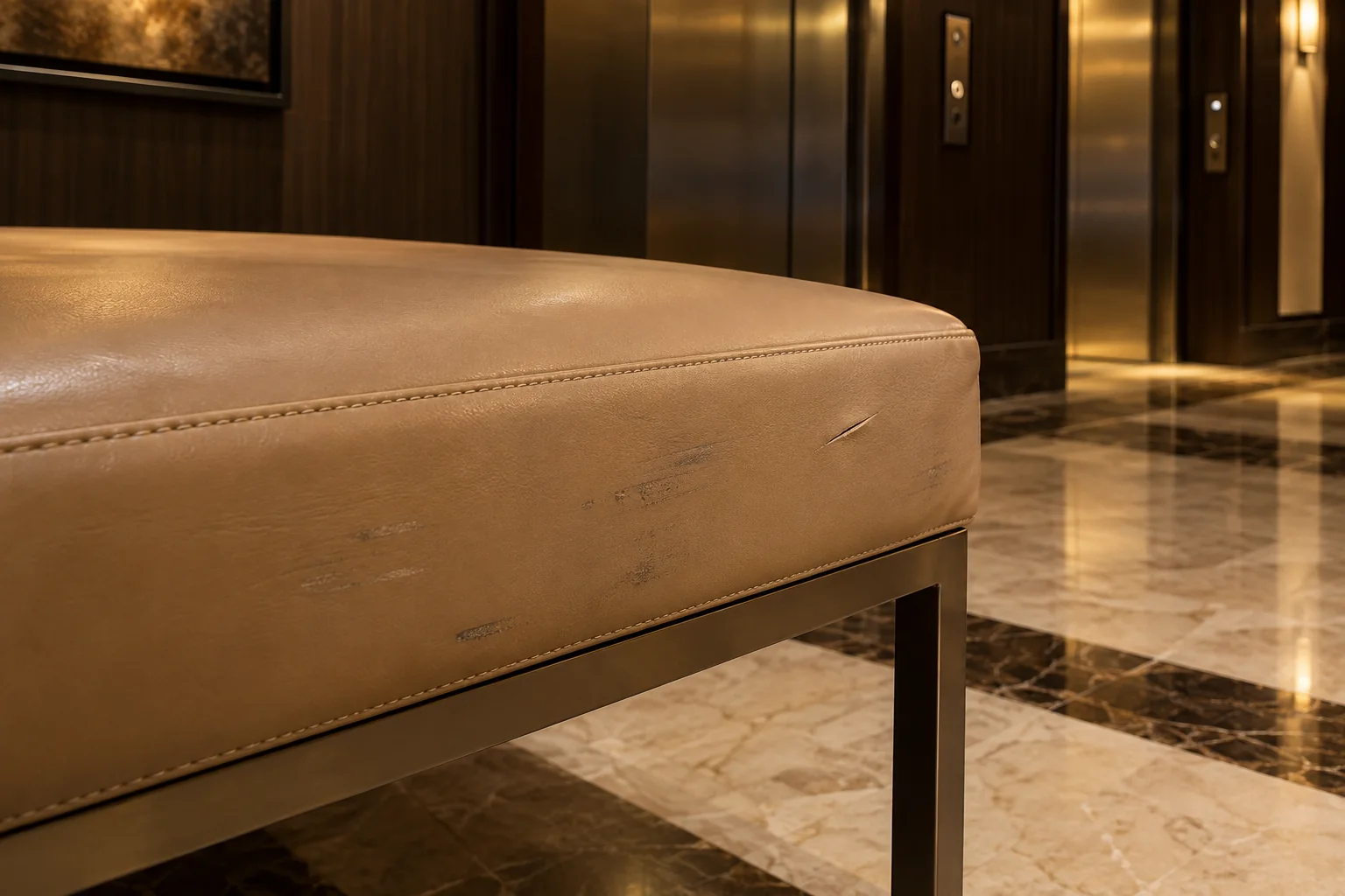 Luggage scuffs and a cut on the edge of a hotel lobby bench