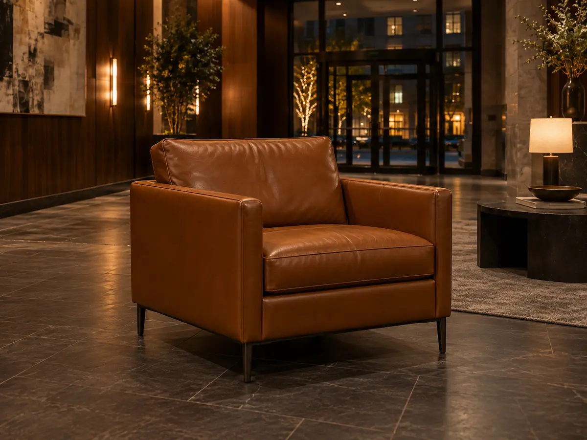 A sound leather lobby chair with even color and no damage