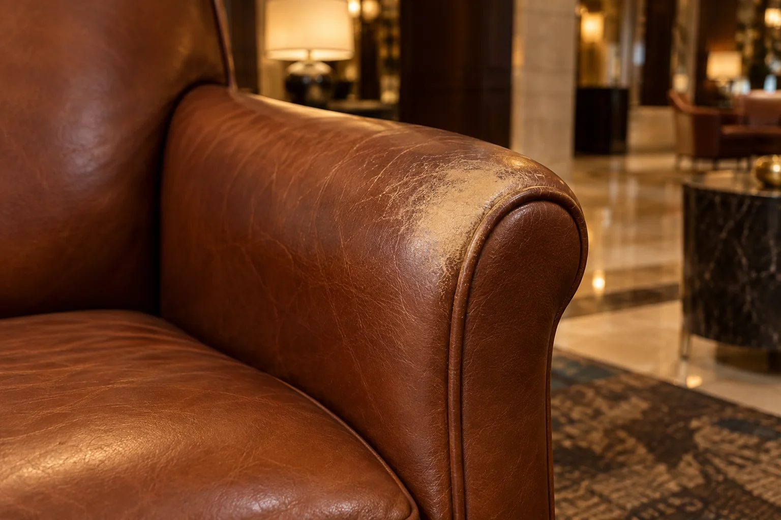 Color worn off the arm of a hotel lobby leather chair