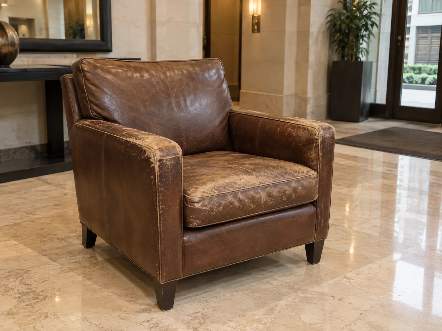 A lobby leather armchair worn and scuffed from daily use