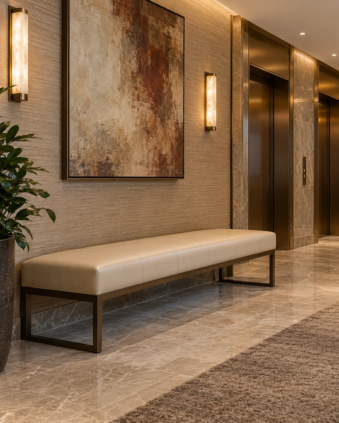 A leather bench in a building lobby