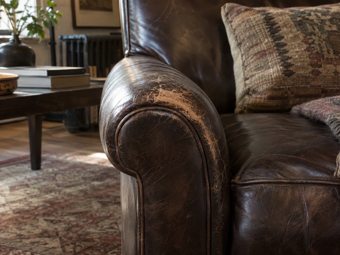 A leather chair arm worn through the finish