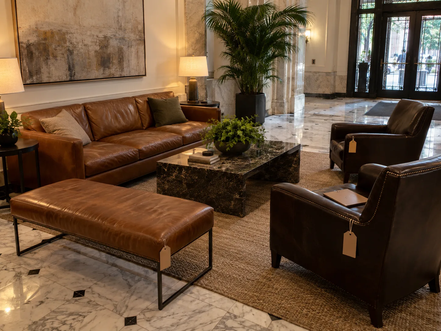 Survey and tag: Every leather piece in the lobby and lounge was tagged and sorted into repair or reupholster