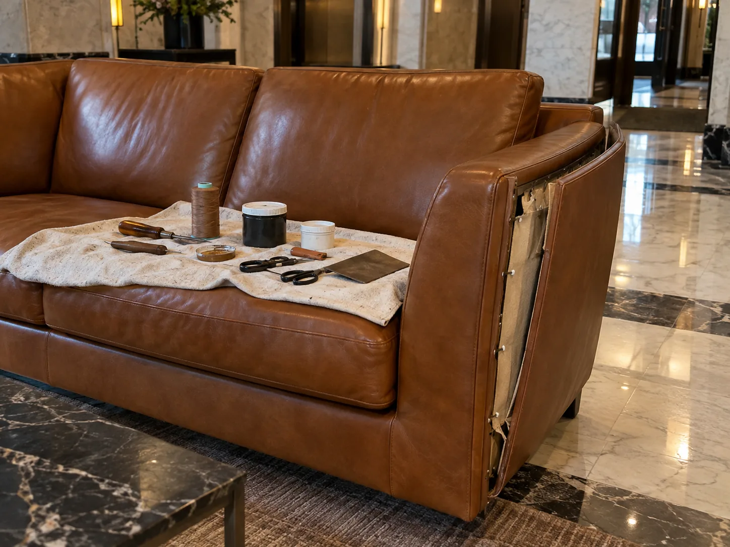 A leather panel being repaired in place on a lobby sofa